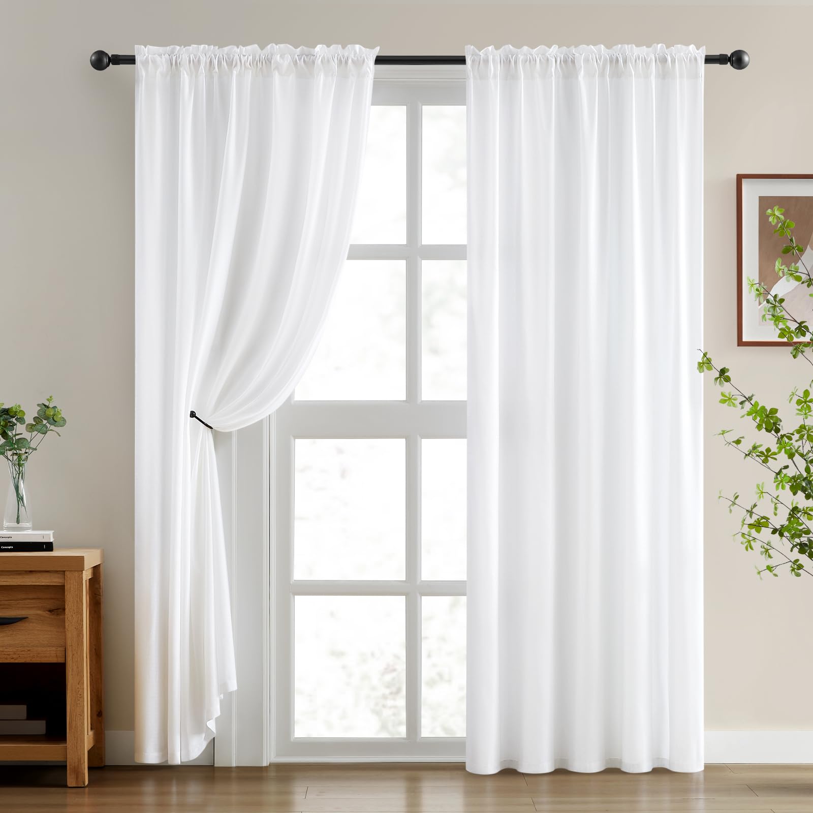 Homeideas Non-See-Through White Privacy Sheer Curtains 52 X 84 Inches Long 2 Panels Set, Fish Bone Pattern Semi Sheer Curtains L